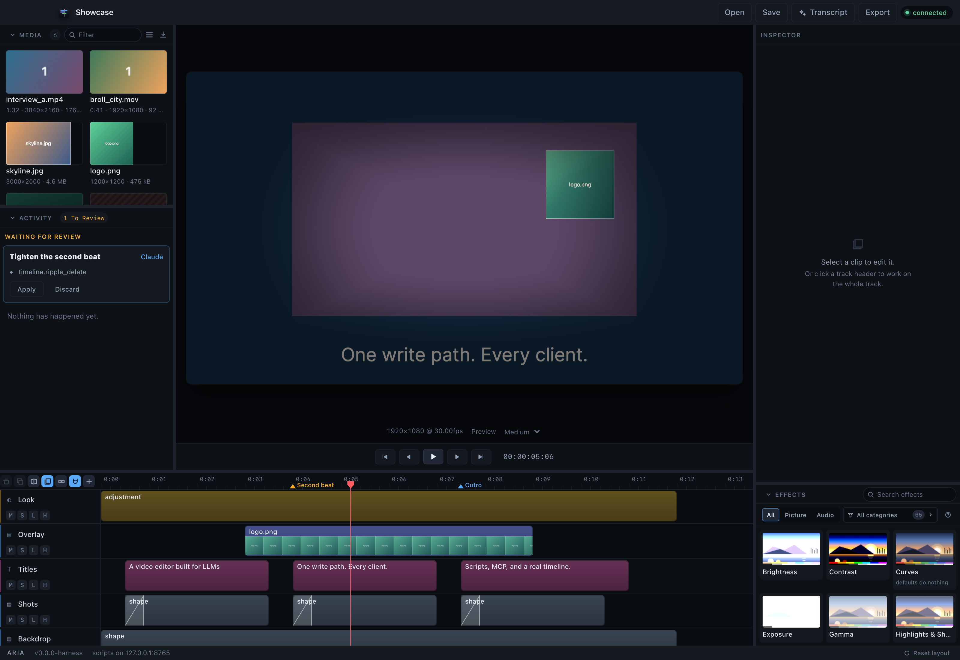 The Aria editing window: clips and an agent's suggested edit on the left, the video preview in the middle, effects on the right, and a six track timeline underneath.