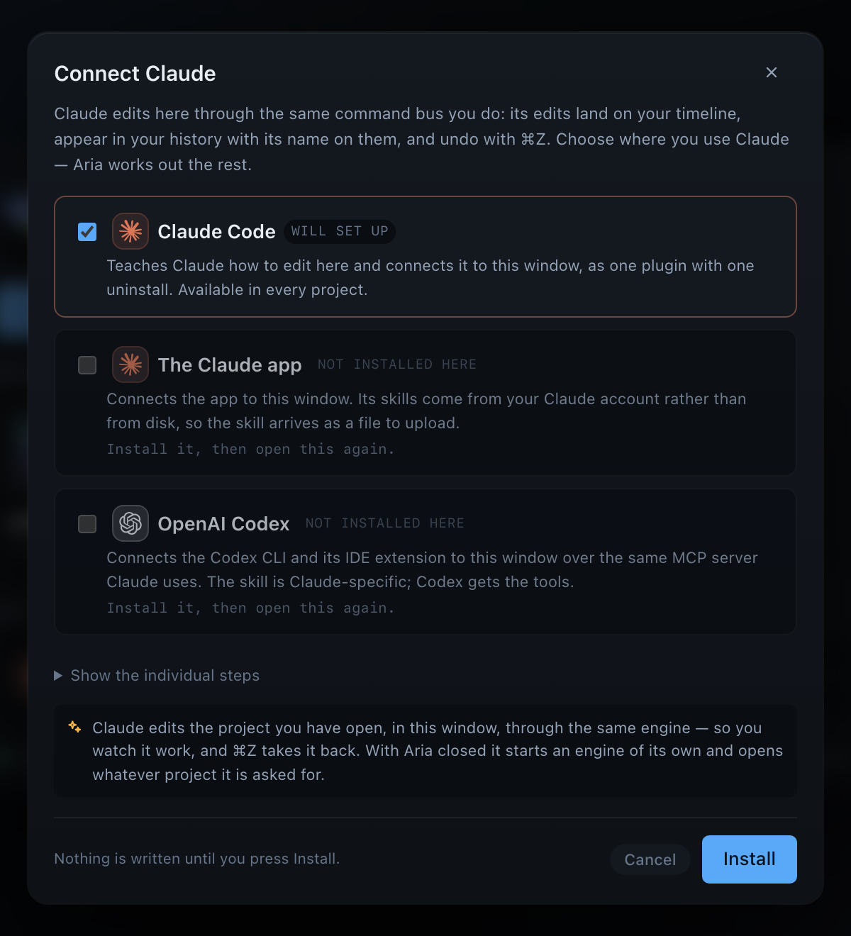 Aria's Connect Claude dialog offering Claude Code, the Claude app and OpenAI Codex, noting that nothing is written until Install is pressed.