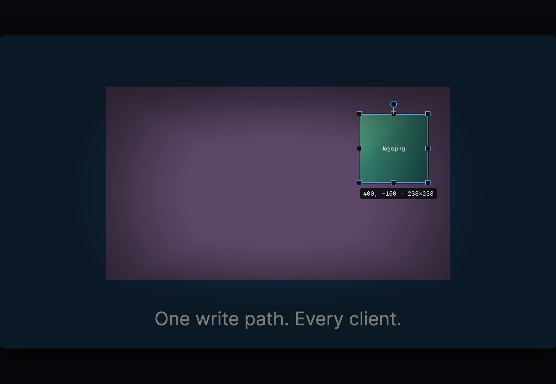 Aria's video preview with a selected clip, drag handles on every corner, and a readout of its position and pixel size.