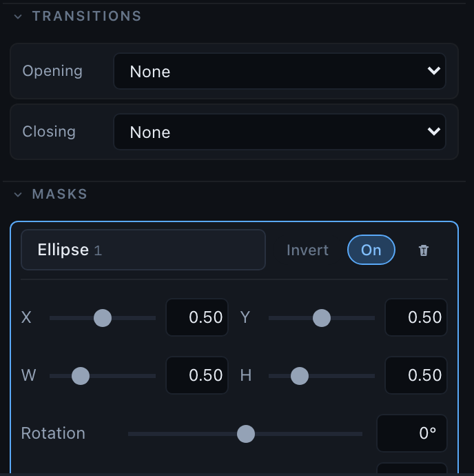 Aria's inspector showing opening and closing transition menus for a clip, and an ellipse mask with position, size and rotation controls.